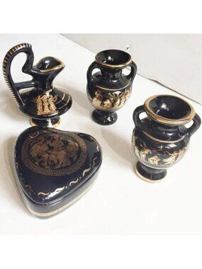Lot of 4 Vintage Greek Mythology Ceramic w/ 24k Gold Trim: Trinket Vase Pitcher